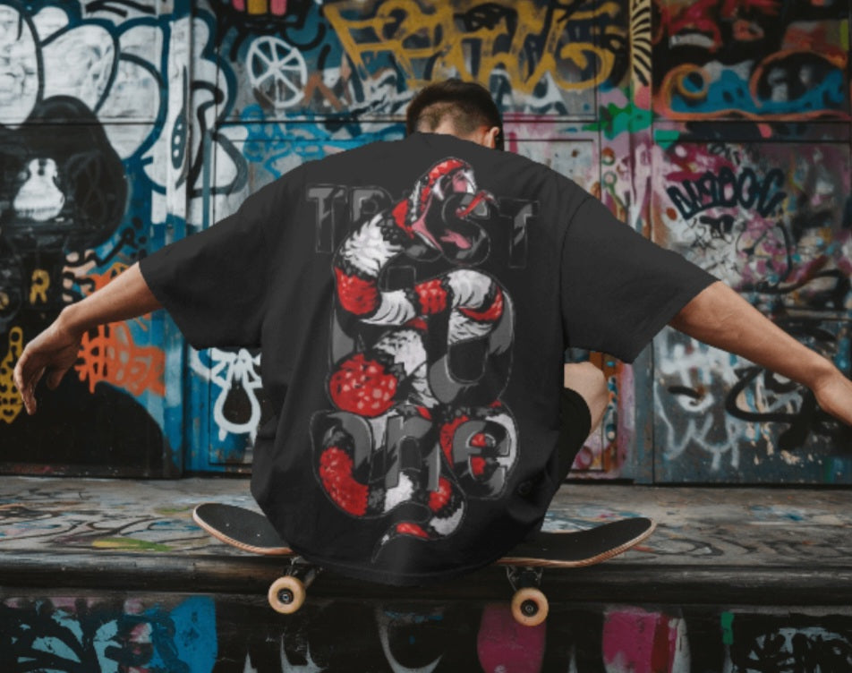 front and back print oversized tee -"trust no one - snake"