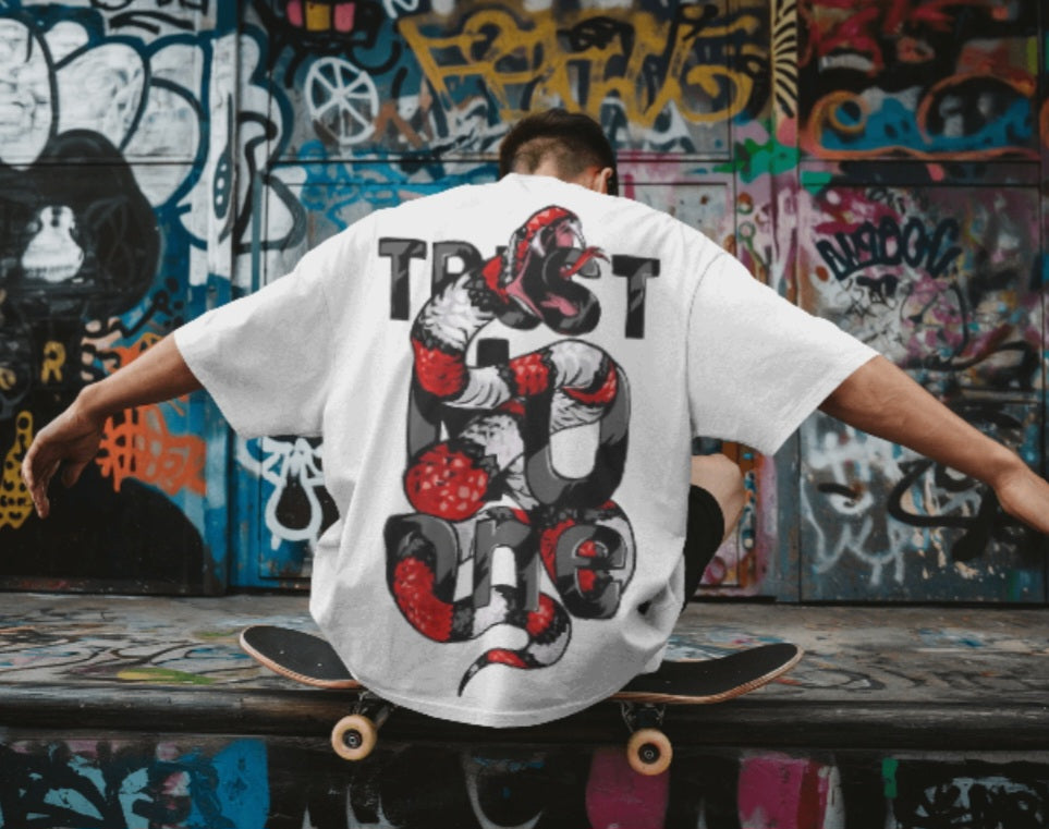front and back print oversized tee -"trust no one - snake"