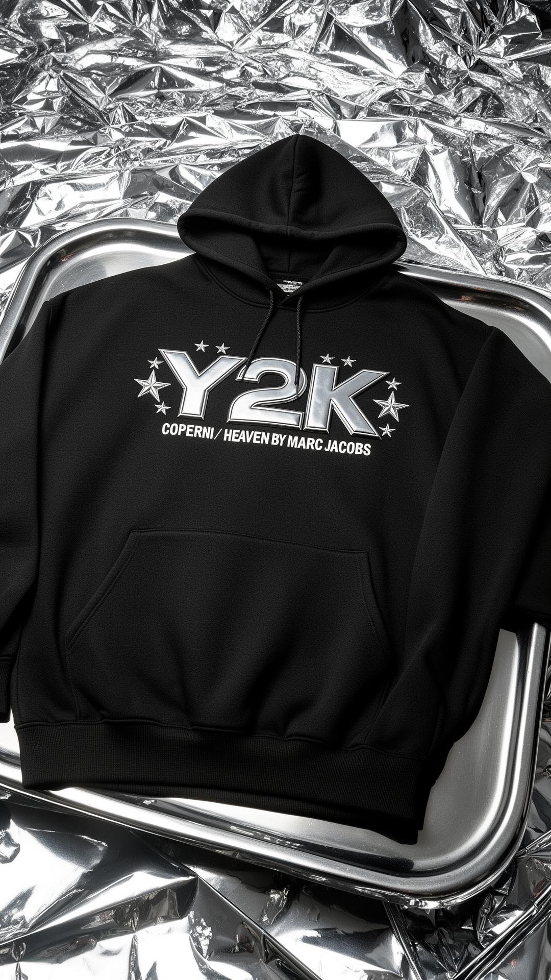 Chrome Y2K Hoodie — flat lay on foil
